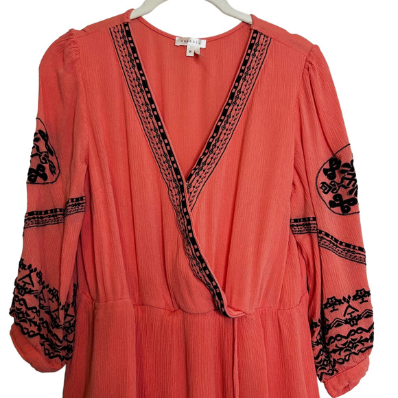 Soieblu Womens Peasant Tunic Dress Medium Coral Embroidered V-Neck Lined Boho - Picture 2 of 6